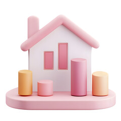 Poster - Digitally rendered, pink house-shaped object with pastel-colored cylindrical pillars on a base.  The design is simple and modern.