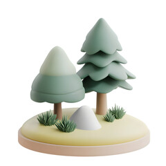 Poster - Three cartoon trees, depicted in pastel colors, rest on a small, round, light-yellow island with grass and snow. A digital illustration.
