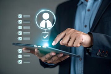 hr tech in action as recruiter uses computer to analyze and approve job applicant profiles, highligh