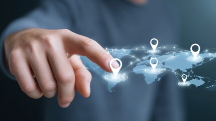 Poster - A hand points at a digital map with location markers, symbolizing navigation and technology in a global context.