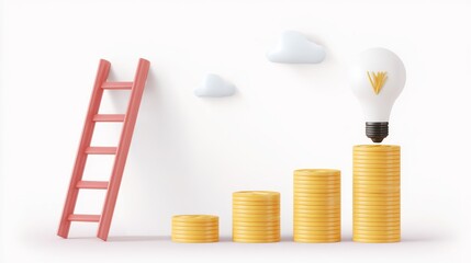 Poster - A ladder leads to stacked coins and a light bulb, symbolizing growth, ideas, and financial success.