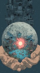 Poster - Floating moon world held in careful hands.