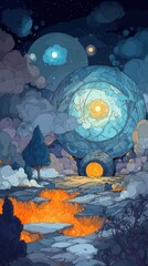 Wall Mural - Mystical landscape with glowing celestial orbs.