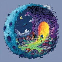 Wall Mural - Colorful cosmic moon with a village inside.