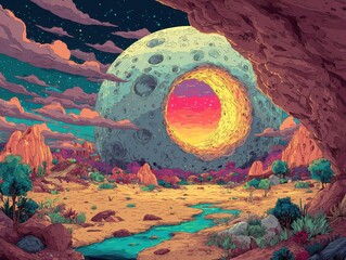 Poster - Vibrant, surreal landscape featuring a moon with a hole.