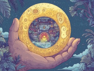 Poster - A  hand holds a golden moon, revealing a miniature town.