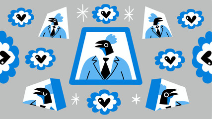 Poster - Illustration showing birds in suits framed and surrounded by flower heart motifs on a grey background
