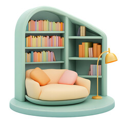 Poster - Digital rendering of a whimsical, pastel-colored reading nook.  The space includes a circular sofa and a built-in bookshelf with colorful books.