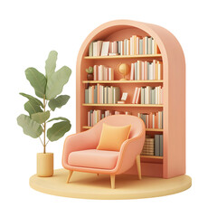 Poster - Digital rendering of a peaceful reading nook with a bookshelf, chair, and potted plant, evoking a calm and inviting atmosphere.