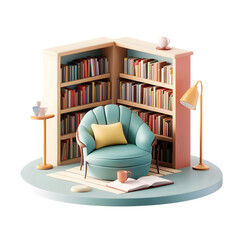Poster - Miniature, stylized study area with bookshelves, an armchair, a lamp, and other decorative items.  It features pastel colors and a modern design.