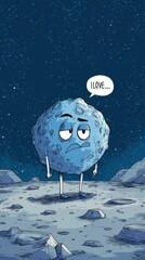 Wall Mural - Cartoon moon character with expression on a celestial landscape.