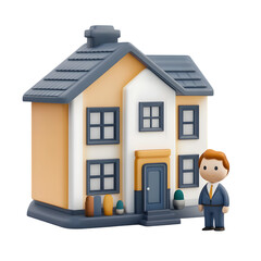 Poster - Three-dimensional, stylized rendering of a small suburban house with a figure of a man in front.