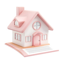 Poster - Digitally rendered, charming miniature house in pastel pink and white colors, placed on a plain white surface.