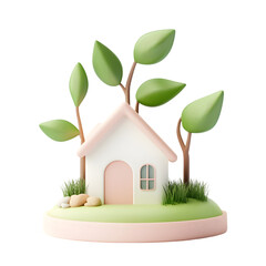 Poster - Charming, miniature, 3D-modeled home, surrounded by vibrant trees and grass, set on a round base.  It displays a pastel color scheme.