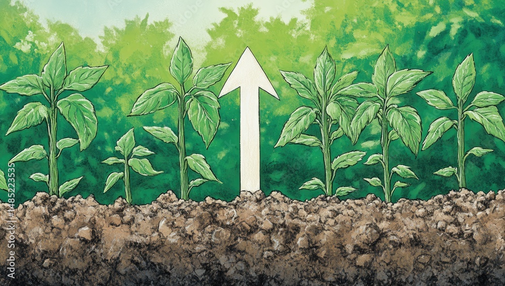 Plant Rising Up Growing plants in rows, showing upward growth. Young plants with lush ...