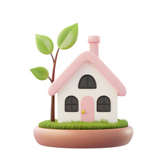 Poster - Charming, digitally rendered, small house design with pastel colors, situated on a grassy circular platform, and featuring a simple tree with leaves.
