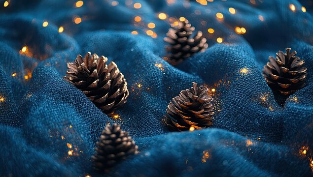 a blue background with pine cones and snowflakes, creating an enchanting winter atmosphere for chris