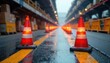 © Nopadon - High-visibility safety cones and barriers delineate a clear work zone, ensuring safety , bright, signage, pathway