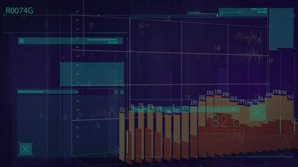 Poster - 3D bar chart showing orange red bars moving over translucent teal panels with line waveforms
