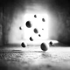 Poster - Abstract Monochrome: Spheres Floating in a Tunnel of Light and Shadow, Creating a Surreal and Dreamlike Composition.
