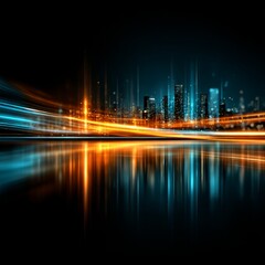 Poster - Cityscape at Night with Abstract Light Trails and Water Reflection, Futuristic Skyline Art
