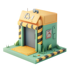 Poster - Whimsical, cartoonish rendering of a small recycling station, featuring vibrant colors and a stylized design.  It's set on a small platform with decorative grass.