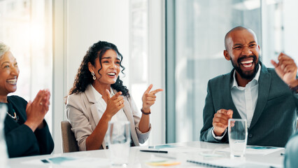 Poster - Business people, applause and celebration at office with meeting, profit and goals at finance agency. Man, women and success with cheers, finger gun and achievement with revenue growth at company
