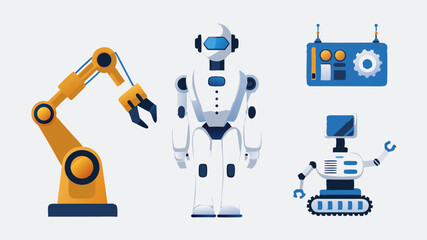 Fototapete - Illustration of a yellow robotic arm, a white humanoid robot, and two other robots on a white background