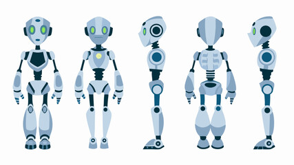 Fototapete - Illustration of a light blue robot in multiple poses including front side and back views on a white background