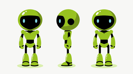 Fototapete - Three views of a green robot with a rounded head and black accents standing on a white background
