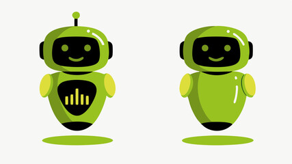Fototapete - Two green robots with smiling faces and rounded bodies floating above matching green shadows on white
