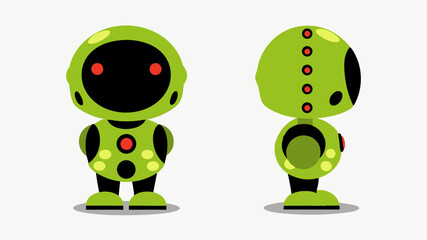 Fototapete - Illustration of a green robot with red eyes and yellow spots shown from front and side view on white background