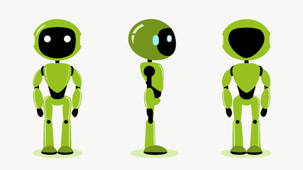 Fototapete - Three views of a green robot with a black face and white eyes standing on a white background showing front side