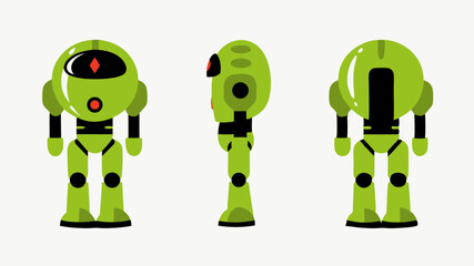 Fototapete - Illustration of a green robot in three different views front side and back on a white background design style
