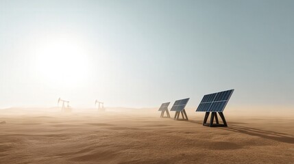Wall Mural - Solar panels competing against oil rigs in desert terrain, The Great Energy Race