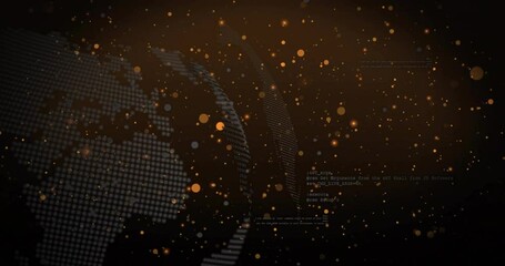 Poster - Stylized dot-matrix globe fragment rotating in data interface, glowing particles and code overlays