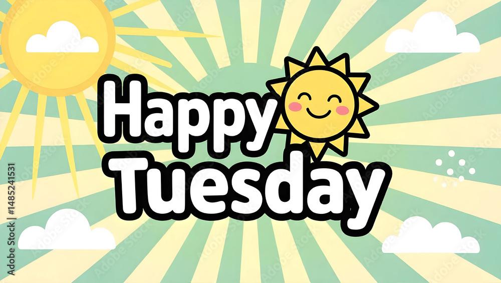 Happy Tuesday Greeting with Sun and Clouds Stock Illustration | Adobe Stock