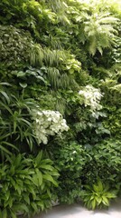 Poster - Lush Vertical Garden Displaying a Variety of Green Plants and White Flowers from a Low Angle Perspective