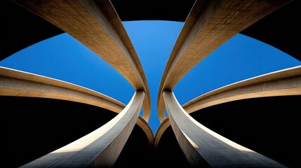 Poster - Concrete Overpass Intersecting Arches View from Below against Clear Blue Sky in Urban Landscape