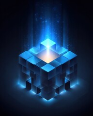 Leinwandbilder - Abstract Isometric Cube Composition with Glowing Core and Light Rays on Dark Background Digital Art