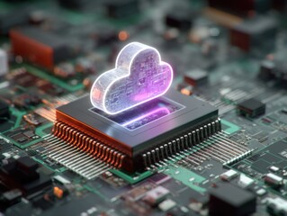 Fototapete - Cloud Computing Concept on Microchip Close Up View of Circuit Board Technology and Innovation in Data Storage and Processing