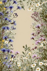 Poster - Artistic floral border arrangement of cornflowers daisies and other wildflowers in a painted style on a neutral background