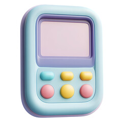 Poster - 3D rendering of a light blue handheld gaming device with pastel-colored buttons and a blank screen, showcasing a contemporary design.