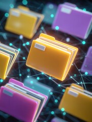Fototapete - Digital Data Folders Floating in a Network Connection System Close Up Abstract Illustration for Data Management and Cloud Storage
