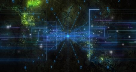 Poster - Central luminous data node radiating blue grid lines and flowing digits over marbled background