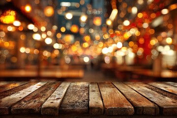 Poster - Rustic Wooden Table Surface with Bokeh Lights Background for Product Display in Restaurant or Bar