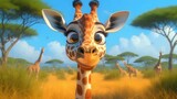 Cartoon Giraffe in a Sunny African Savanna
