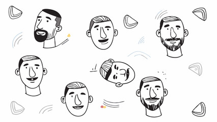 Poster - Cartoon illustration featuring multiple sketched faces with varying expressions and beard styles scattered around