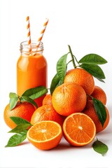 Poster - Bright Still Life of Fresh Oranges and Juice in Glass Jar on White Background High Angle Studio Shot