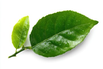 Poster - Fresh Citrus Leaves with Water Droplets Close Up Studio Shot on White Background Healthy Natural Ingredient